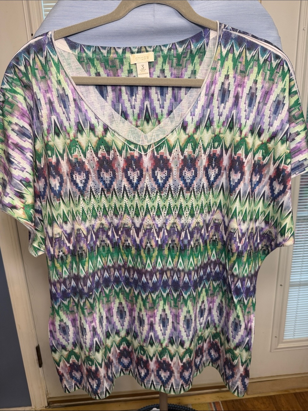 Chico's V-Neck Short Sleeve Top in Green, Purple, Blue